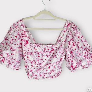 Open edit white/pink puff sleeve linen crop top, size S